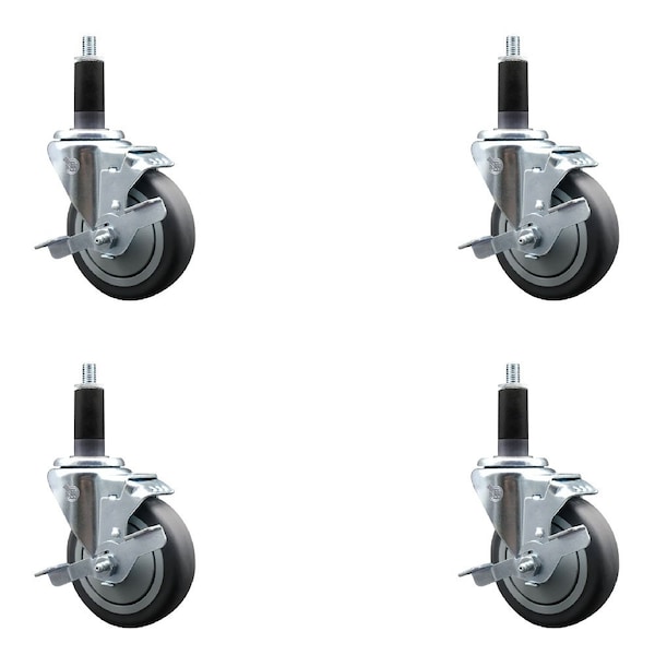 Service Caster 4'' Thermoplastic Rubber Swivel 1-1/8'' Expanding Stem Caster Set with Brake, 4PK SCC-EX20S414-TPRB-TLB-118-4 - main